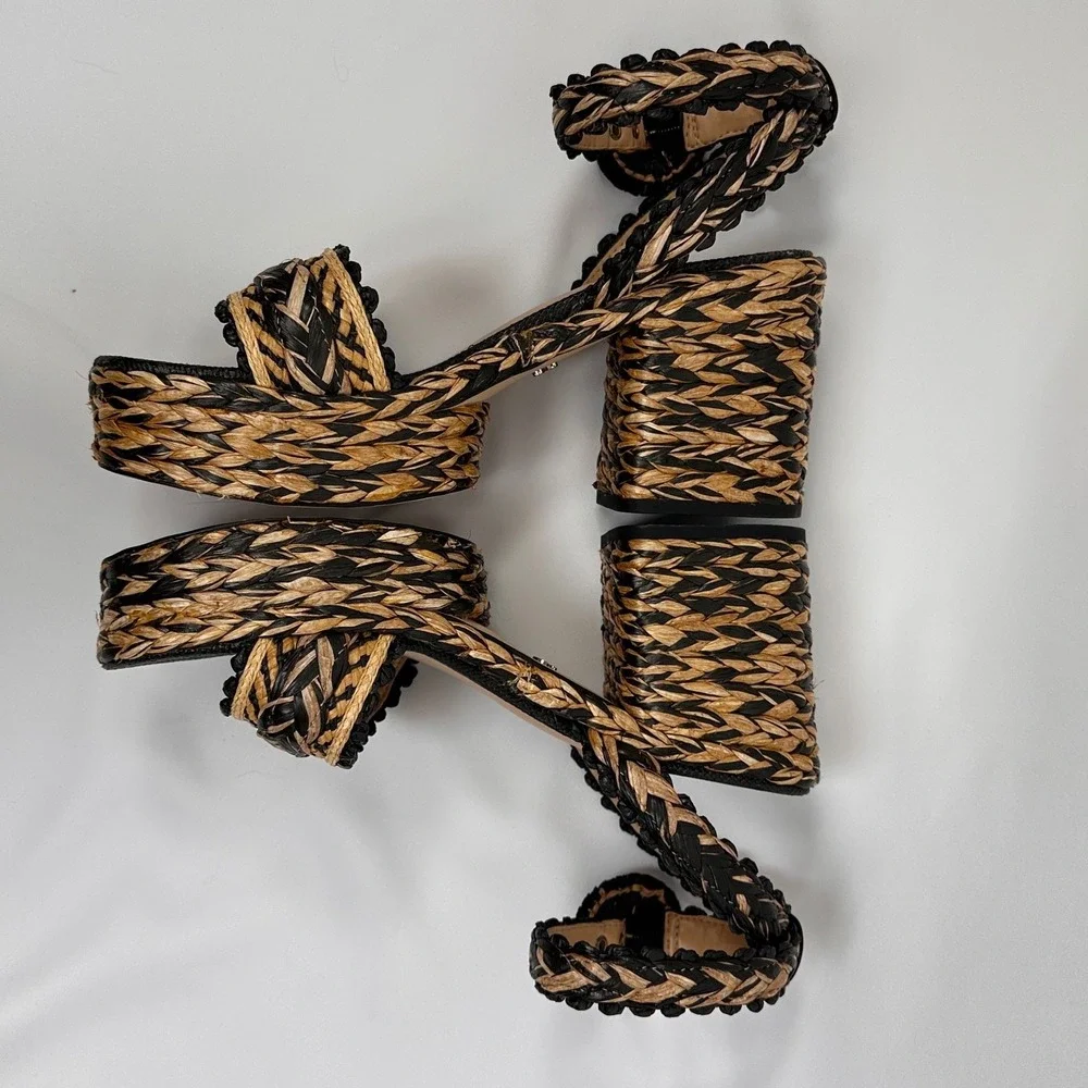 Sam Edelman Iliana Raffia‎ Platform Sandals 9.5 Black Natural Woven Ankle Strap